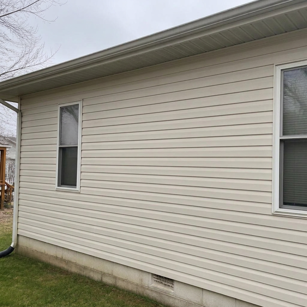 The same vinyl siding restored to a clean, even color after soft washing