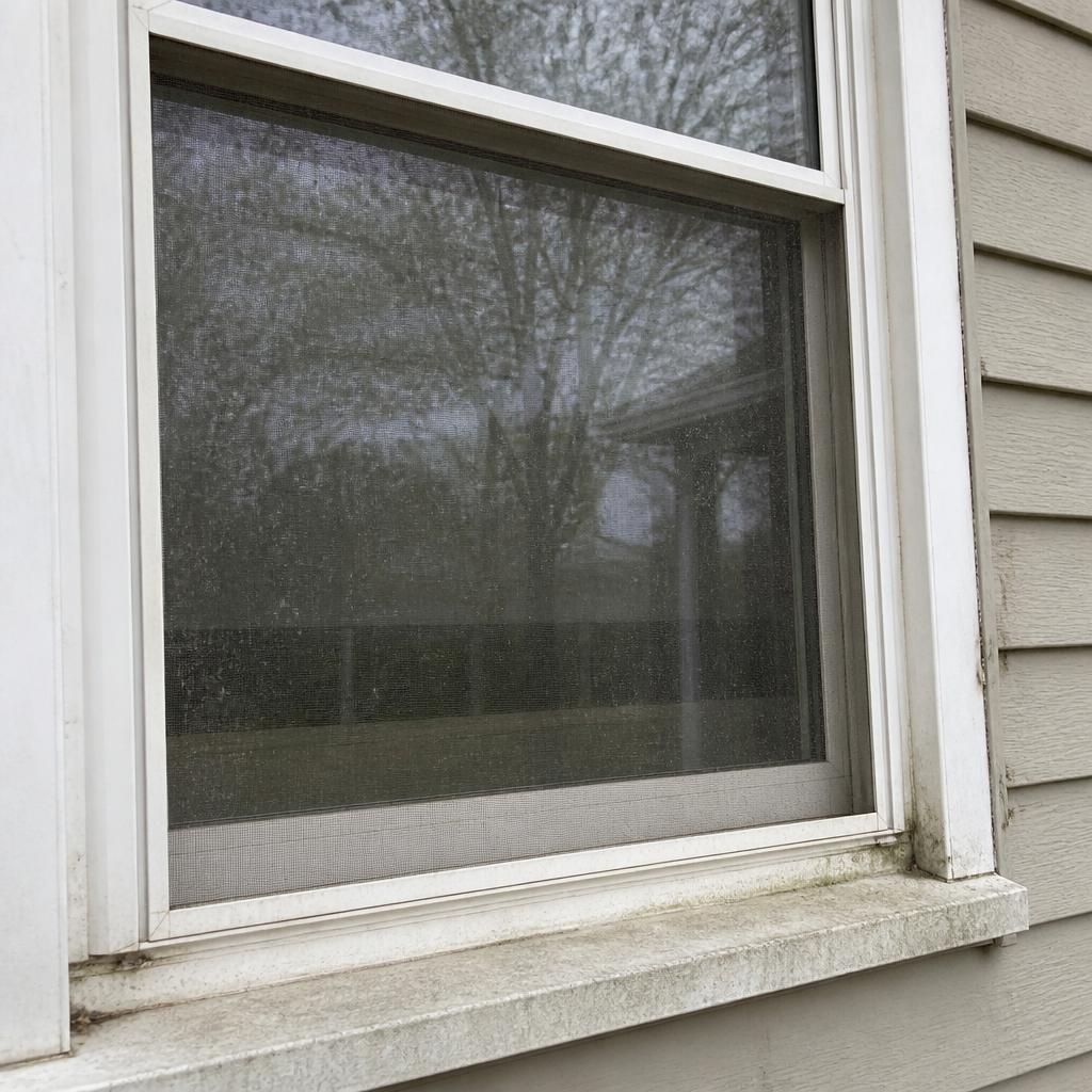Exterior window glass covered in dust and dried water spots before cleaning in Bettendorf, IA