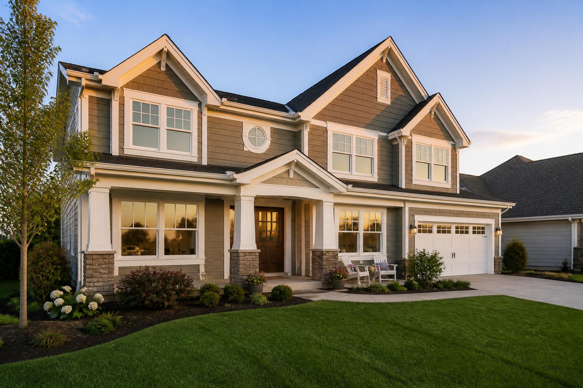 Freshly cleaned windows reflecting evening light on a two-story Quad Cities home